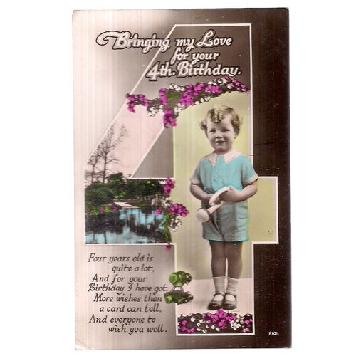 BRINGING MY LOVE FOR YOUR 4TH BIRTHDAY .. vintage postcard 1941 postmark =