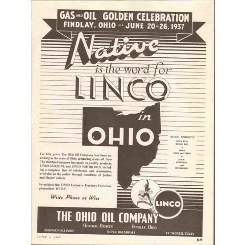 OHIO OIL COMPANY 1937 Linco Marathon Native fifty years vintage ad