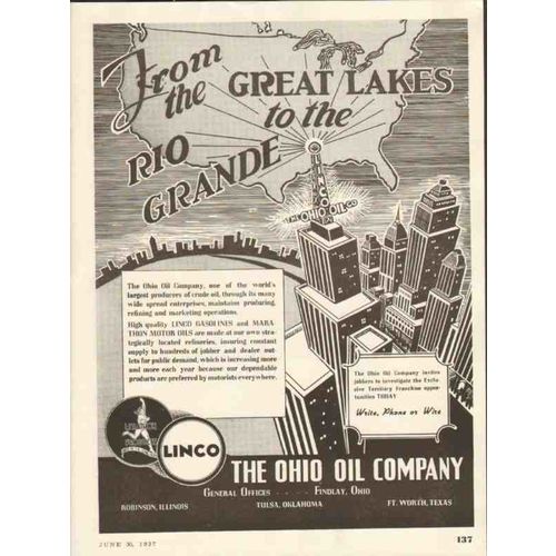 OHIO OIL COMPANY 1937 Linco Marathon Great Lakes Rio Grande vintage ad
