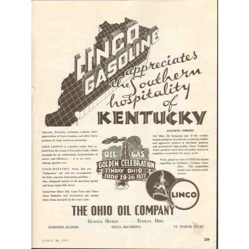 OHIO OIL COMPANY 1937 Linco Marathon hospitality Kentucky vintage ad