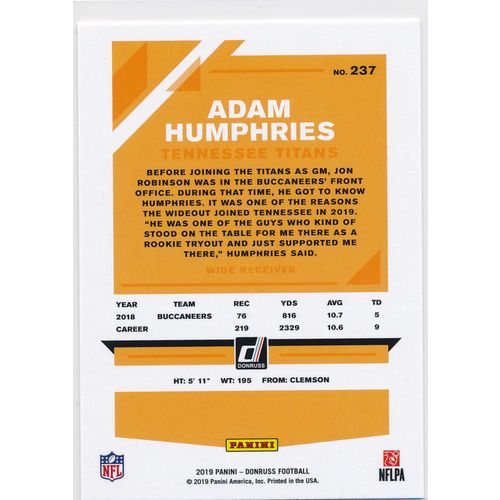 2019 Donruss Football Base 237 Adam Humphries Tennessee Titans