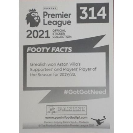 JACK GREALISH ASTON VILLA Panini Premier League 20/21 Sticker No 314 Elite