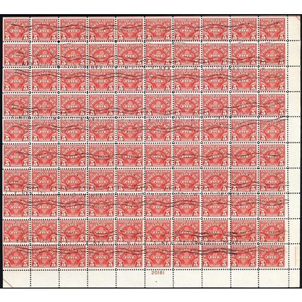 J78, Used Sheet of 100 $5 Postage Due Stamps RARE! - Stuart Katz