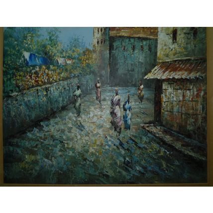 Vintage Impasto Oil Painting, Medieval Moorish Women Castle & Alley, 61 x 52 cm