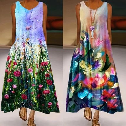 dress with pockets oversized dress Foreign trade printed round neck