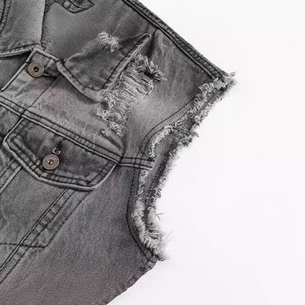 Ripped Sleeveless Jeans Jacket Vest Biker Retro Mens Grey Denim Waistcoat Gilet