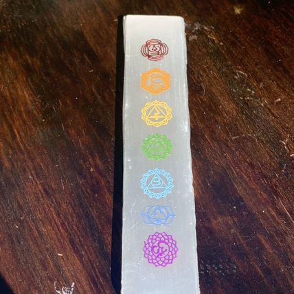 7 Chakras Selenite Wand Charging Plate Crystal Cleansing Etched Symbols 5.78"