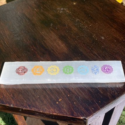 7 Chakras Selenite Wand Charging Plate Crystal Cleansing Etched Symbols 5.78"