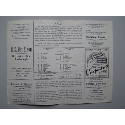 SCARBOROUGH v CASTLEFORD Rugby Union Programme 20/04/1962