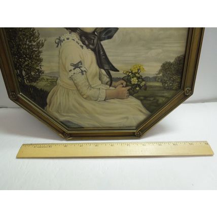 Antique Art Print by Artist, C. Max, Cornielle Max, "Girl With Yellow Flowers"