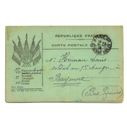 French military postcard posted 1914 from Foreign Legion soldier ?