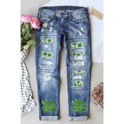 Sky Blue St. Patricks Clover Patchwork Sequin Distressed Jeans