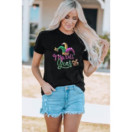 Black Mardi Gras Sequin Pattern Crew Neck T Shirt