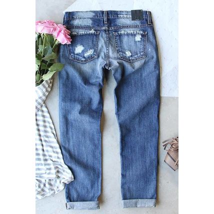 Sky Blue Santa Claus Pattern Splicing Distressed Boyfriend Jeans