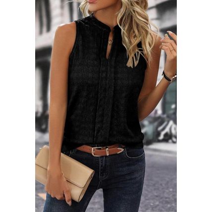 Black Lattice Textured Split Neck Tank Top