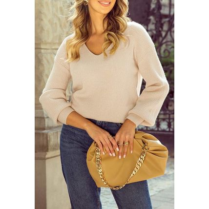 Apricot Lantern Sleeve V Neck Knot Back Sweater