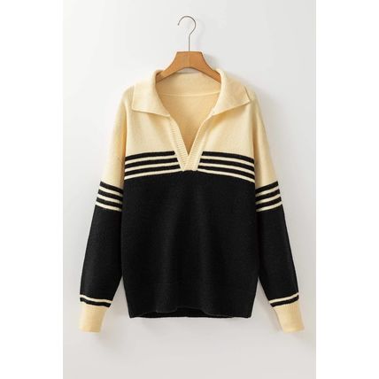 Black Colorblock Stripe Collared V Neck Sweater