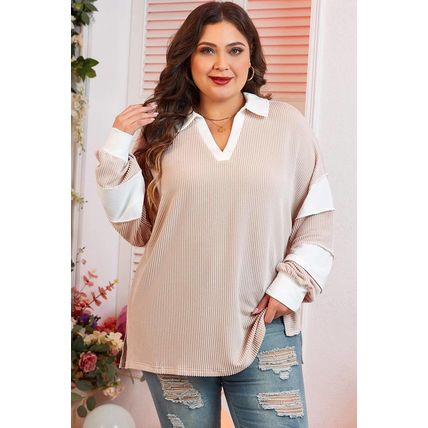 Parchment Corded Colorblock Long Sleeve Slit V Neck Plus Top