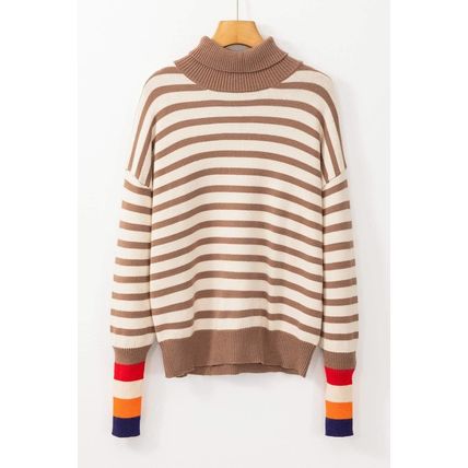 Brown Stripe Colorblock Bishop Sleeve Turtleneck Sweater