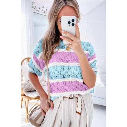 Purple Stripe Color Block Hollow Out Crochet Half Sleeve Sweater