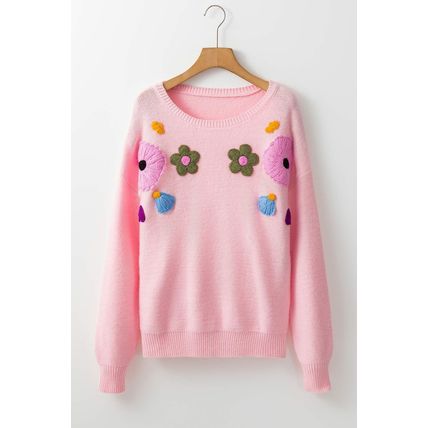 Pink Knitted Flower Pattern Ribbed Edge Sweater