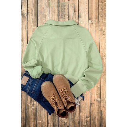 Smoke Green Quarter Zip Stand Neck Kangaroo Pocket Sweatshirt