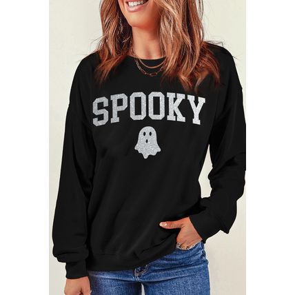 Black Glitter SPOOKY Ghost Pattern Crew Neck Halloween Sweatshirt