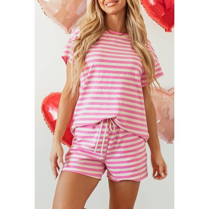 Rose Stripe Crew Neck T Shirt and Drawstring Shorts Set