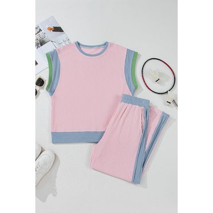 Pink Corded Colorblock Patchwork Short Sleeve Top and Loose Pants Set
