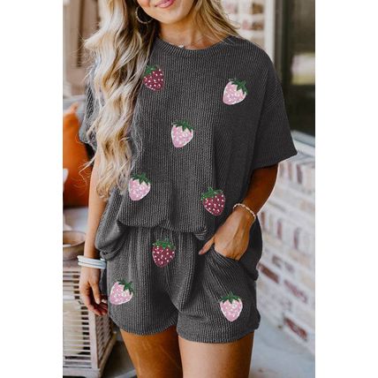Carbon Grey Sequin Strawberry Patched Twist Ribbed Short 2pcs Outfit