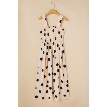Oatmeal Polka Dot Smocked Fit Flared Sleeveless Long Dress