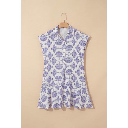 Sky Blue Printed Shirt Collar Half Button A-line Mini Dress