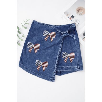 Sail Blue High Waist USA Flag Inspire Bow Patched Twisted Denim Skort