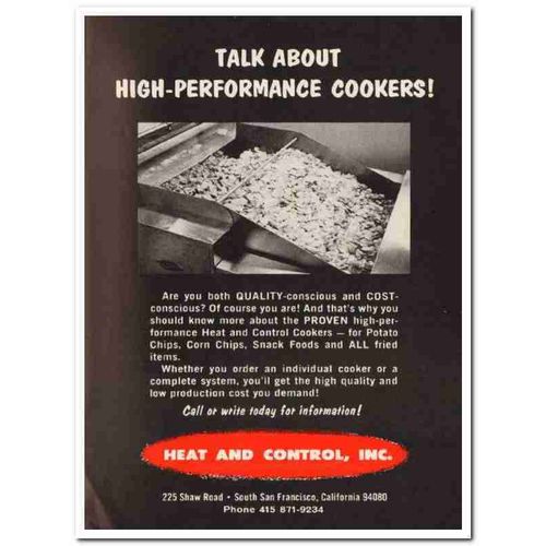 heat and control inc 1967 hi-performance cookers snack food vintage ad