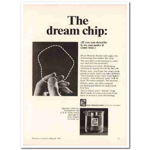 hunt-wesson foods inc 1967 dream chip shortening snack food vintage ad