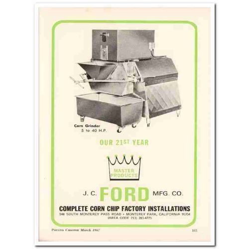 j c ford mfg company 1967 corn grinder chip snack food vintage ad