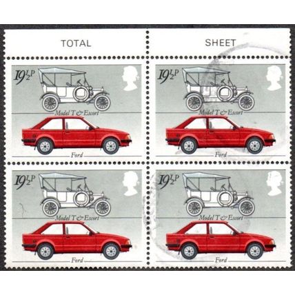 1982 British Motor Industry, 19.1/2p Ford Model 'T' &. Escort. Fine Used Block 4
