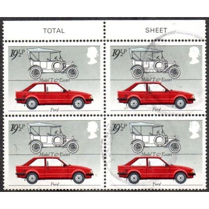 1982 British Motor Industry, 19.1/2p Ford Model 'T' &. Escort. Fine Used Block 4