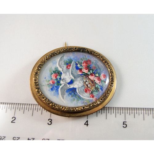 Nice estate brooch, Hand painted love birds Pin, 1870s Signed artwork