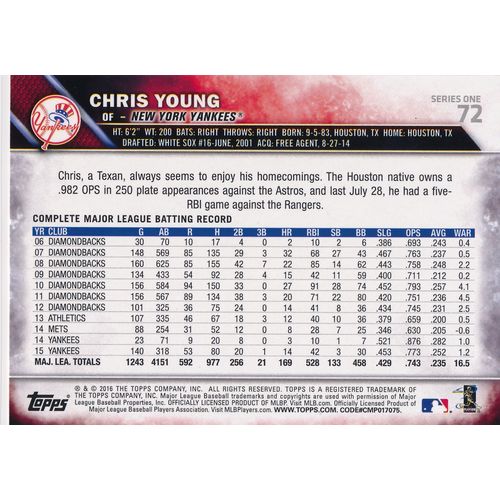2016 Topps Baseball 72 Chris Young New York Yankees