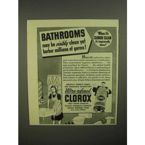 1941 Clorox Bleach Ad - Bathrooms Harbor Germs