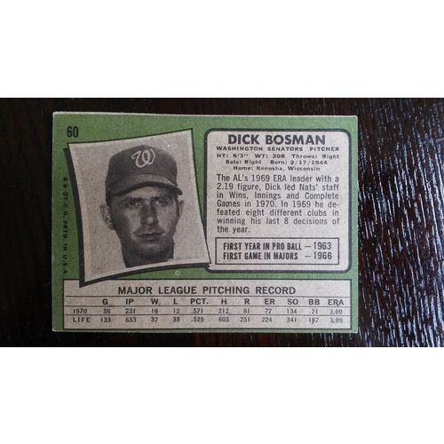 1971 Topps Card # 060 Dick Bosman Very Good (3) Washington Senators