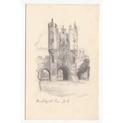Micklegate Bar York Postcard Woolstones Sketch Art
