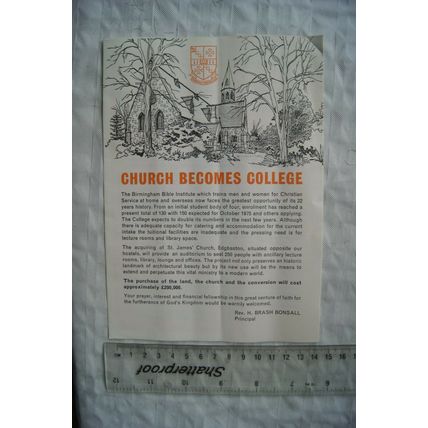 1975 leaflets The Birmingham Bible Institute, Church becomes a College