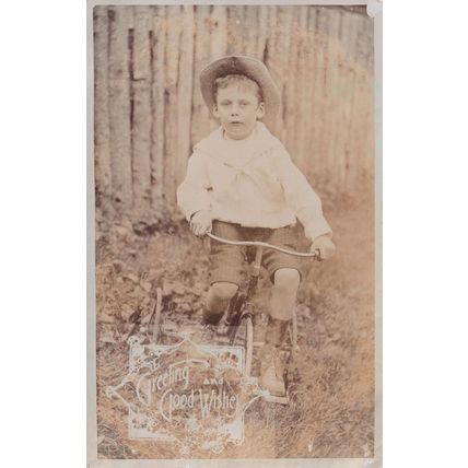 Child On Wobbly Bicycle Antique Real Photo Postcard