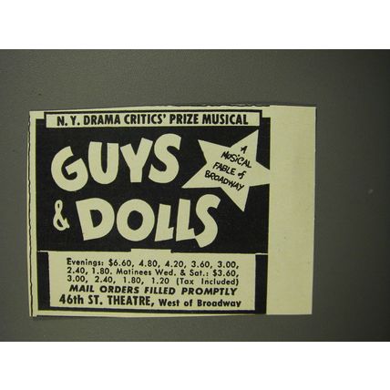 1953 Guys & Dolls Play Ad - N.Y. Drama Critics' Prize Musical