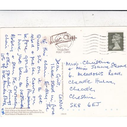 Palace of Westminster Chair of State London Postcard posted 1987 creased