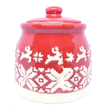 Christmas Sugar Jar Red Knitted Deer Pattern Ceramic 10.5 CM Fun Festive Gift