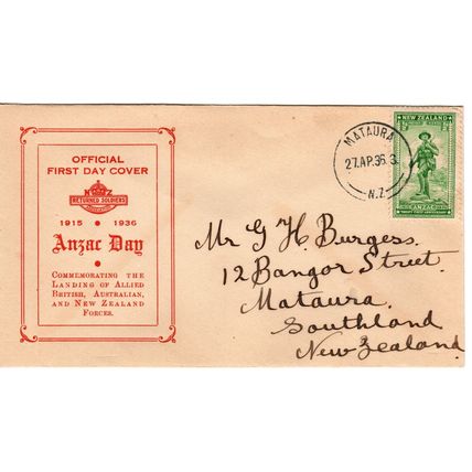 New Zealand 1936 Anzac Day half penny green ,red First Day cover
