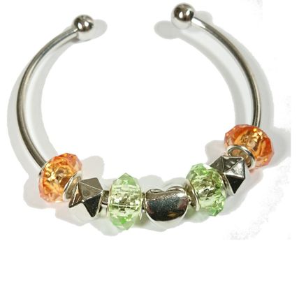 Silver Bracelet Bangle - Dolphin Owl Cat Charm Black Orange Green Blue Beads